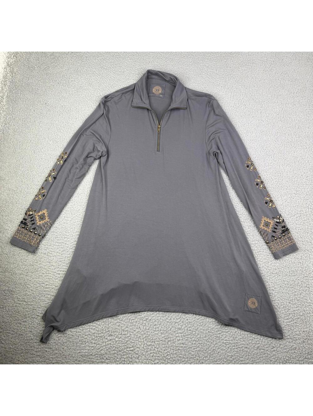 DOUBLE D RANCH Embellished Cuff Gray Long Sleeve Western Tunic Top Women's XS